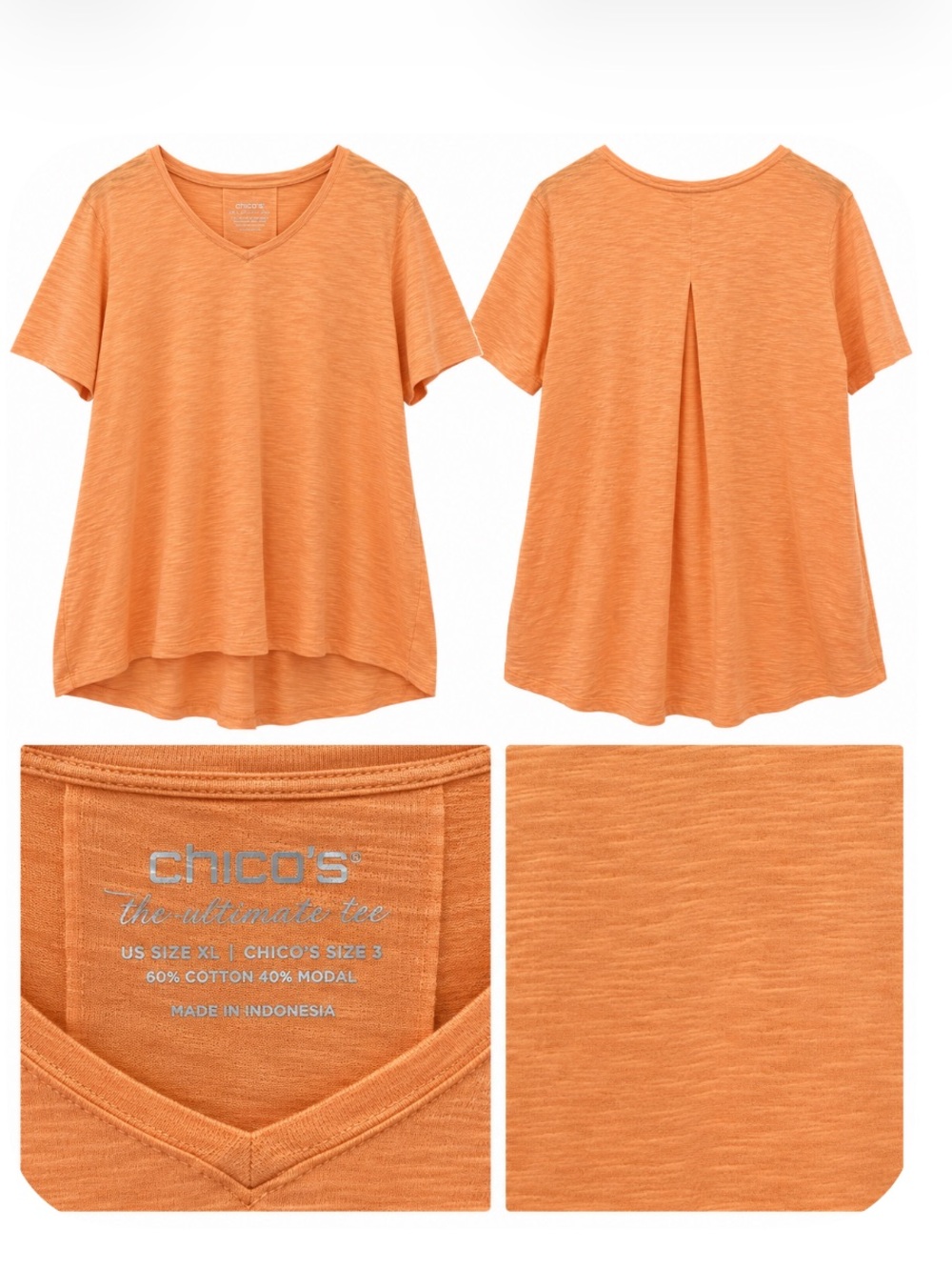 Chico's The Ultimate Tee Orange V-Neck Short Sleeve Tee with Back Pleat 3X
